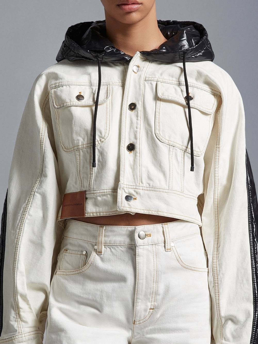 Moncler Cream and Black Cropped Hooded Bomber Jacket